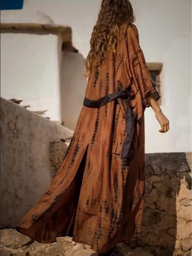 Copricostume Kimono Da Spiaggia Per Costumi Da Bagno Donna Caffè Tie Dye Wrap Abiti Bohémien Pareo Summer Holiday Costumi Da Bagno