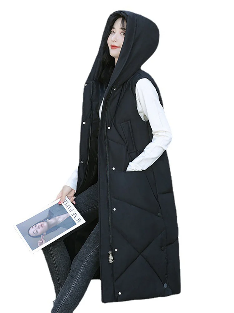 Chaleco largo de algodón con capucha para mujer, ropa holgada sin mangas,  color negro, moda coreana, otoño e invierno, 2023 - AliExpress