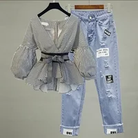 Women Elegant V-Neck Stripe Office Lady Suit Lantern Sleeve Bow Belt Trend Slim Casual Chiffon Shirt Top And Korean Ripped Jeans - Image 2