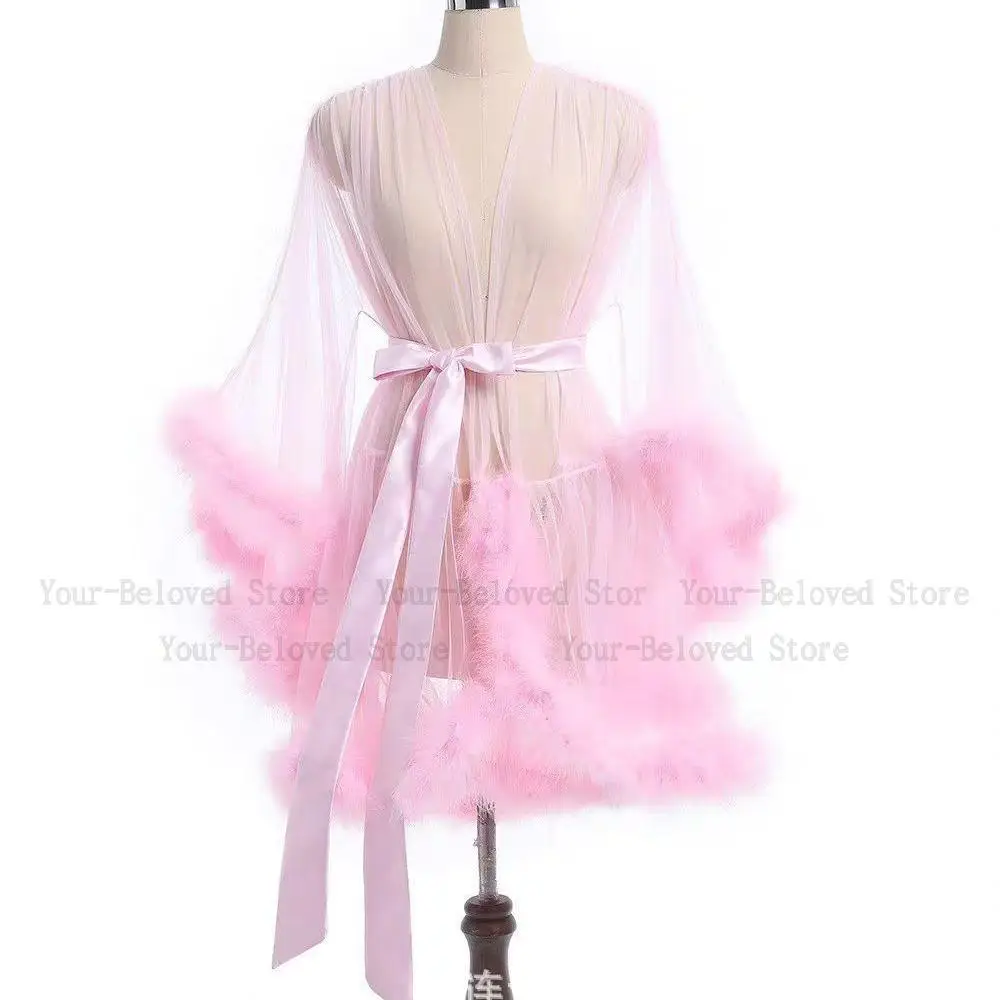 Sexy Feather Robe Seductive Mesh Bathrobe Fashion Long Sleeve Plush Spliced Thin Lingerie Female Underwear Nightgown Sheer Robe women sleepwear