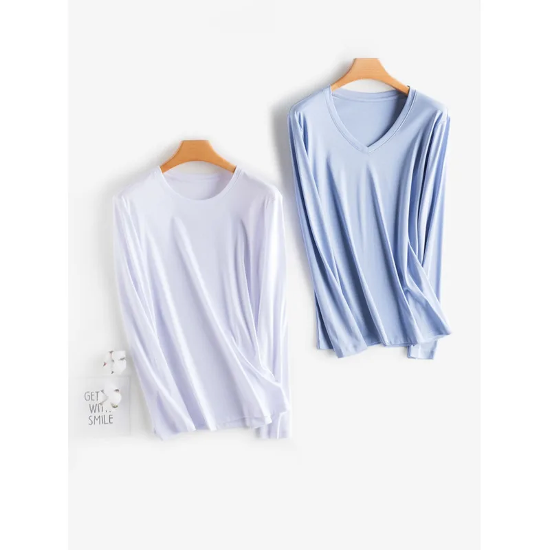 Mulberry Silk Cotton Long Sleeve T-shirt Women Round Neck V-neck Smooth Basic Loose Tops 6