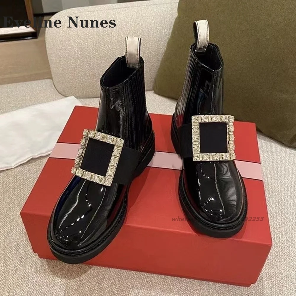 

Rhinestone Square Button Ankle Boots Round Toe Square Heel Slip On Patchwork Pumps Patent Leather Solid Booties Woman 2024 Trend