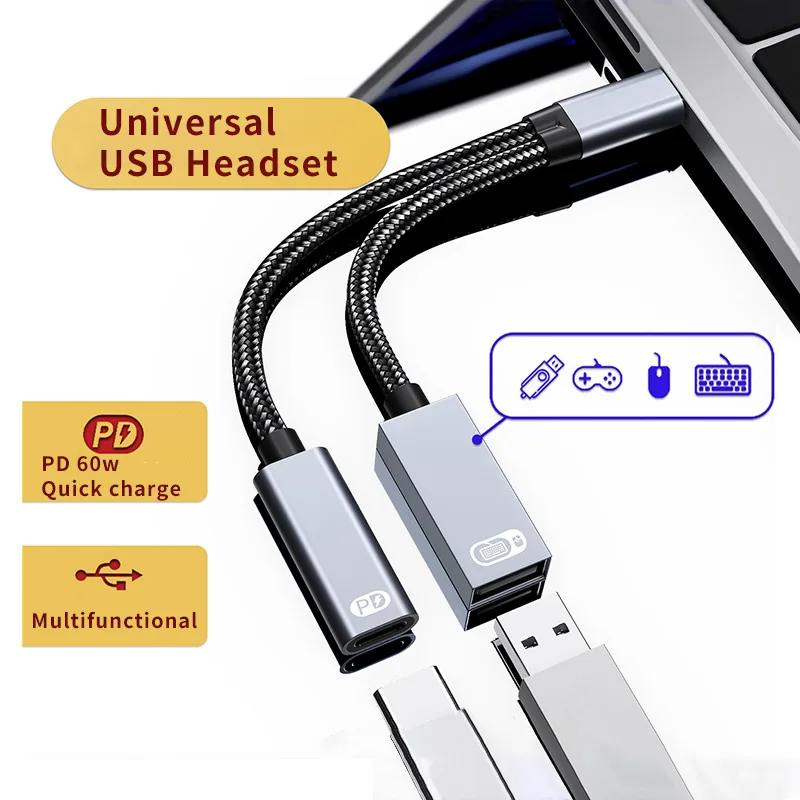 

2 in 1 Type C to USB Adapter Cable with 60W PD Fast Charging Port Data Converter for Samsung Huawei Xiaomi Phone Laptop Tablet