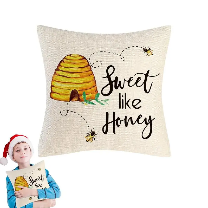 

Bee Day Cushion Cover Flax Cute Pillow Case Throw Home Decorative Sofa Happy Day Sweet Honey Animal Pillowcase