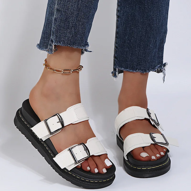 

Martin Sandal Women British Style Rome Shoe Comfy Soft Leather Summer Sandalias Metal Buckle Slipper Flat Platform Sandal Heels