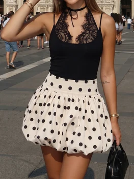 HH Women Elegant Summer Mini Skirt Vintage Polka Dot Print High Waist Smocked Side Zipper Puff Skirt 2026 New Beach Party Skirt