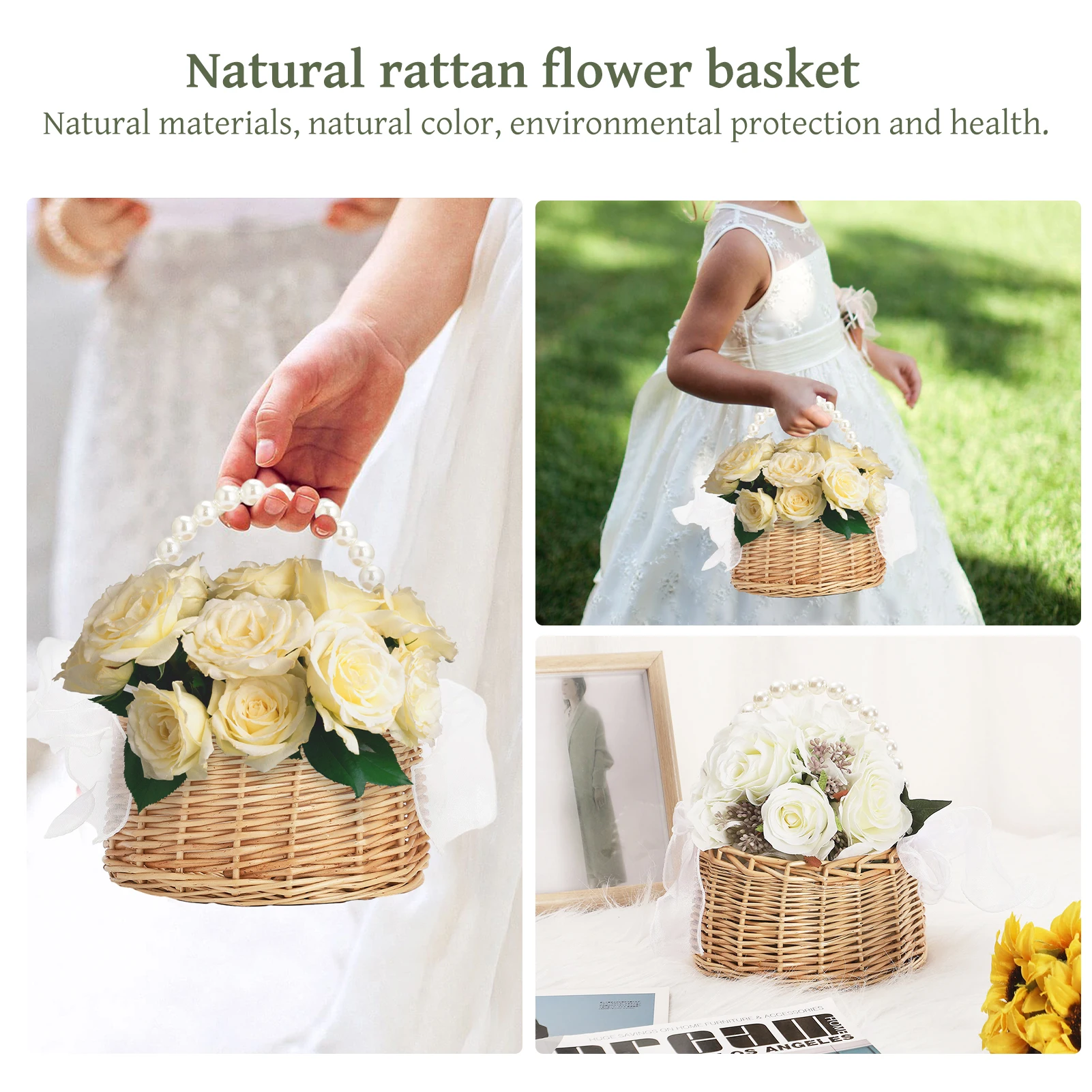 Pearl Princess Woven Flower Basket Rattan Storage Basket Flower Girl Hand Basket Handmade Flower Basket For Home Wedding Decor 4