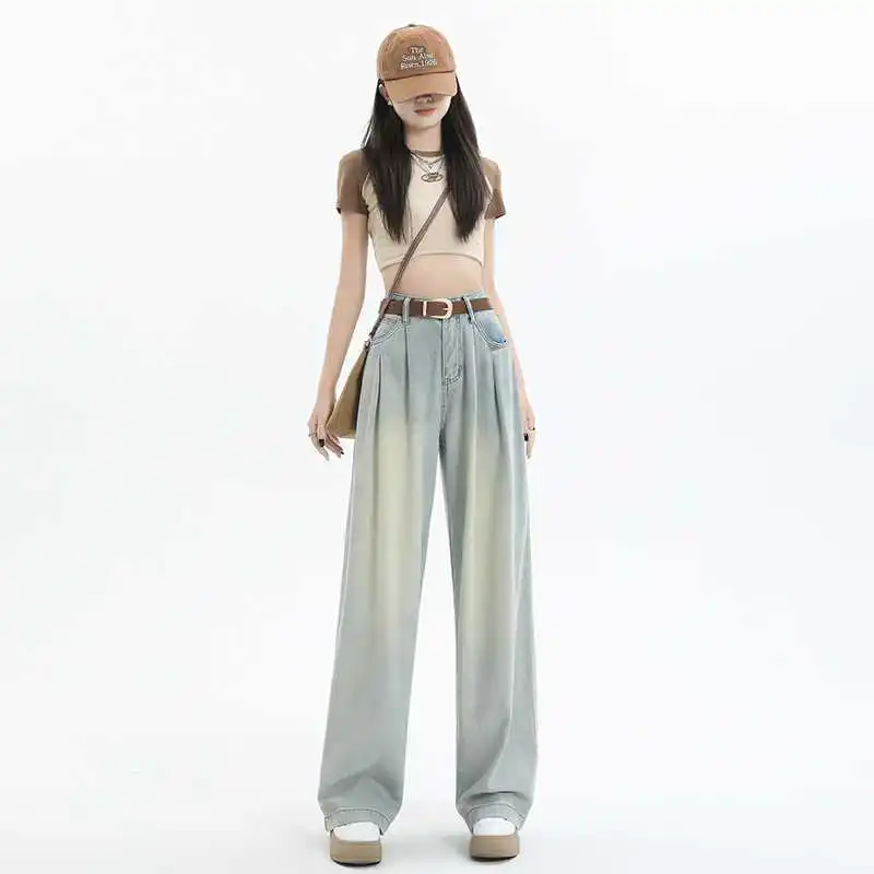 Haze Blue blue Denim wide leg pants female High waisted Loose fitting Appear thin Pleated design Straight cylinder Mop pants