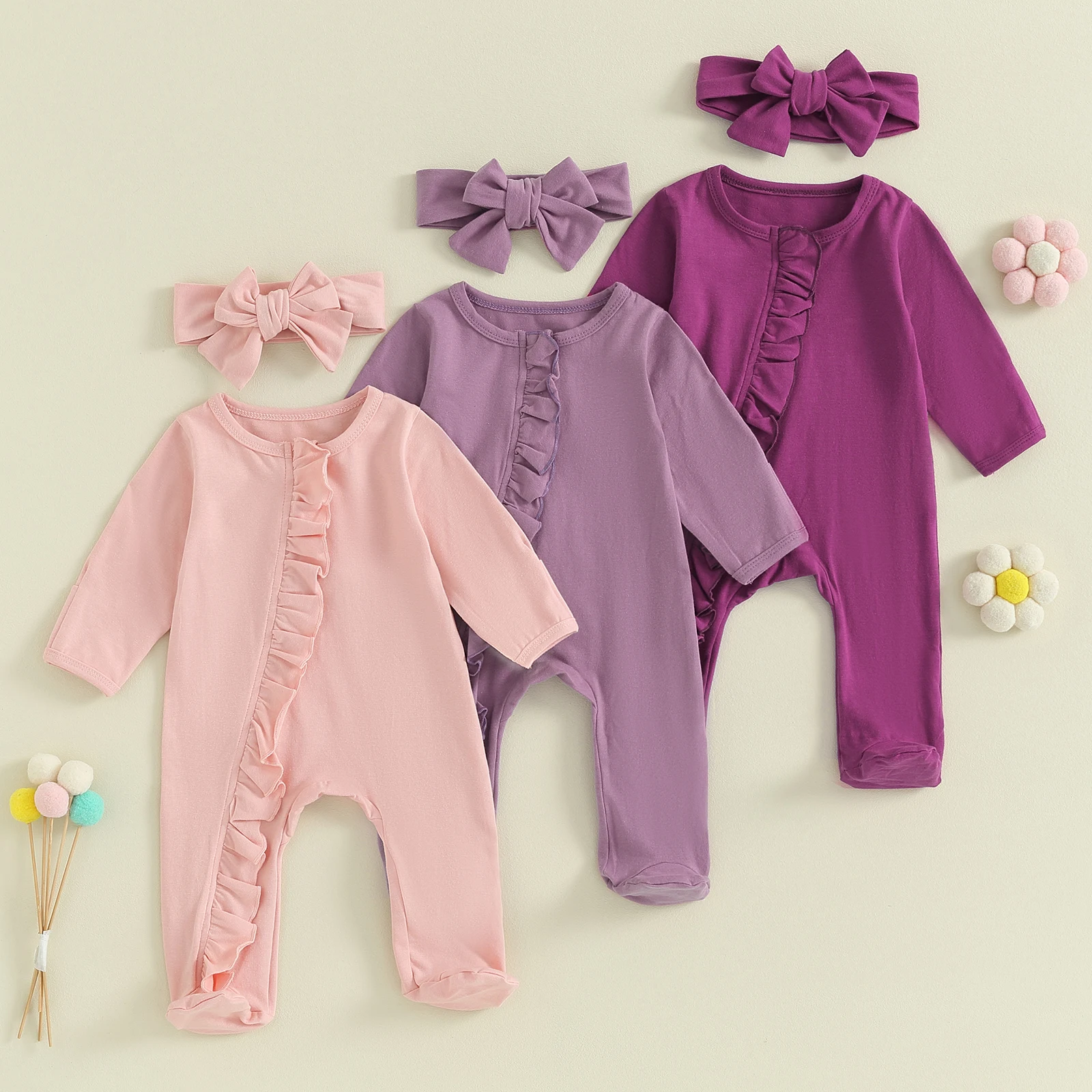 Pudcoco Baby Girls 2 Piece Outfits Solid Color Long Sleeves Footed Zipper Romper and Cute Headband Set for Toddler Infant