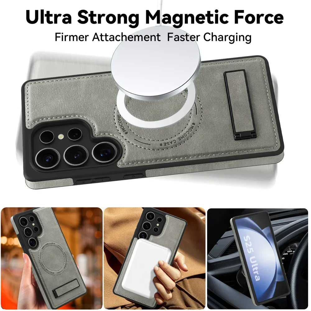 Leather Stand Case with Magnetic Wireless Charging and Fall Protection