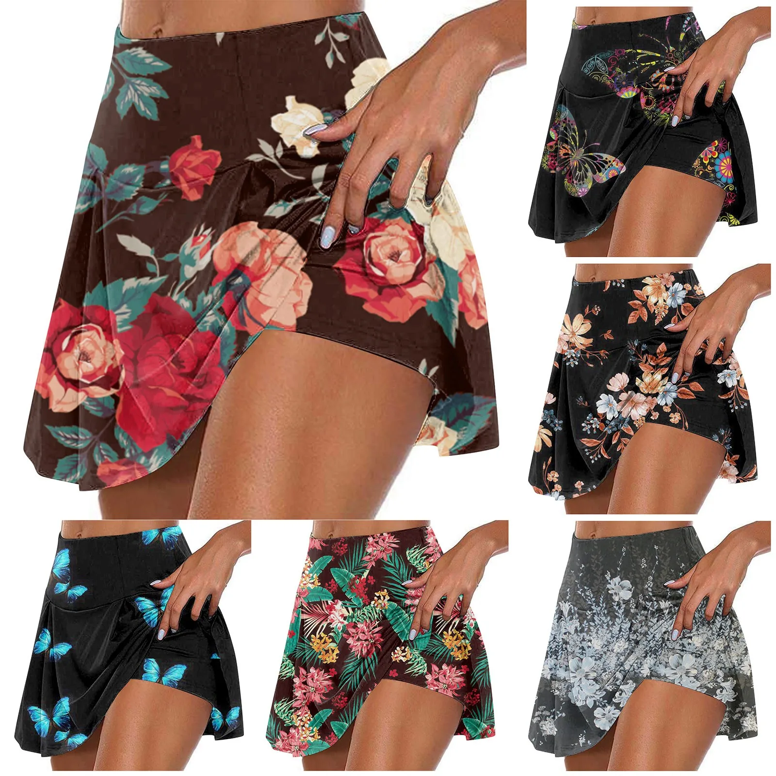 

Chic And Elegant Woman Skirt Party Elegant Beach Skirts Floral Flower Printed Inner Shorts Woman 2023 Women Summer Skirt Faldas