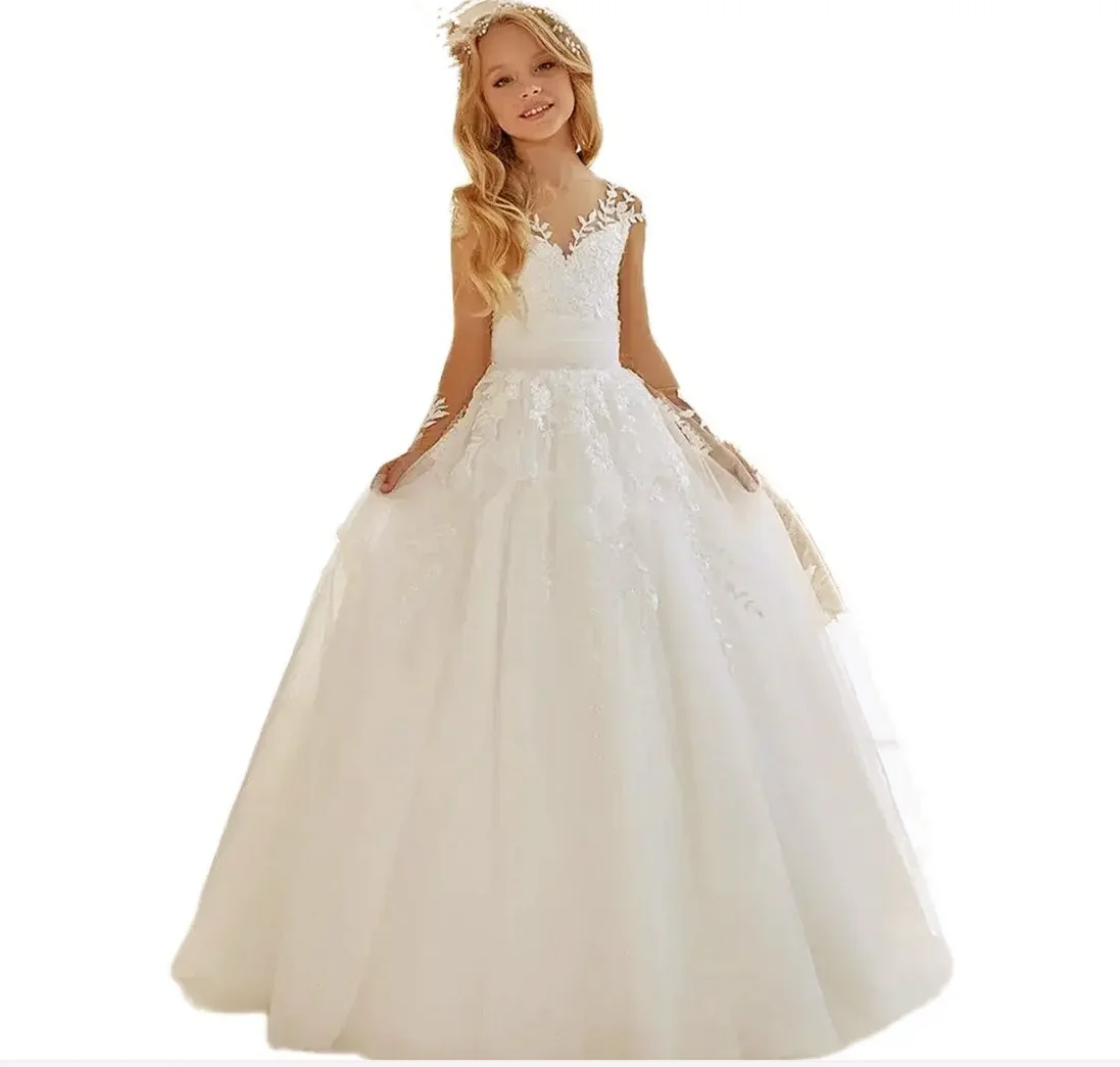 White First Communion Dress For Girls - Satin Ruffles Party Dress Ages 7-16