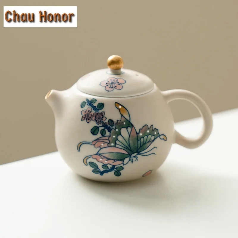 110ml Hand-painted Butterfly Cream Teapot Zen Tea Infuser Pot Household Tea Soaking Kettle with Ball Hole Tea Items Ornaments