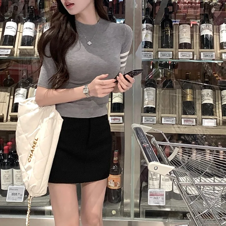 ay Splice ort Sve Knitted T-irt Women Summer Slim Fit Waist Cinch round Ne Design Sense Top Casual Sle Polyester...