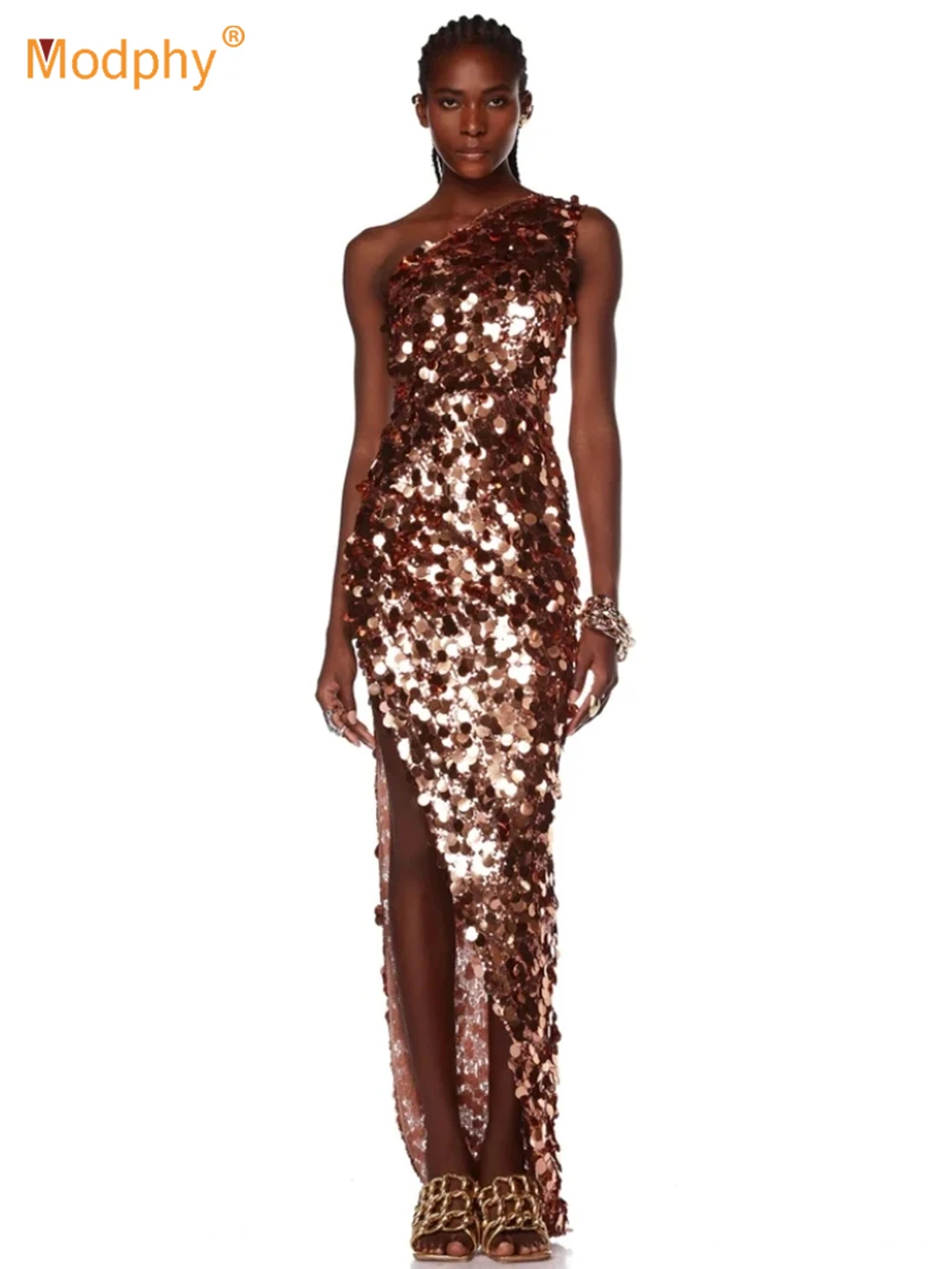 

Сексуальное женское платье макси на одно плечо с блестками Modphy, длинное облегающее платье с золотыми блестками без рукавов с разрезом, элегантное женское платье