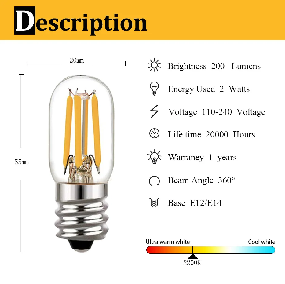 T20 2W 디밍 가능 에디슨 LED 전구 E12 E14 튜브형 LED 필라멘트 전구 투명 유리 2200K 냉장고 걸이형 미니 야간 조명등