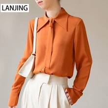 

Caramel Tie Shirt Women's 2021 New Spring and Autumn Design Point Collar Long Sleeve Top puff sleeve top fashion