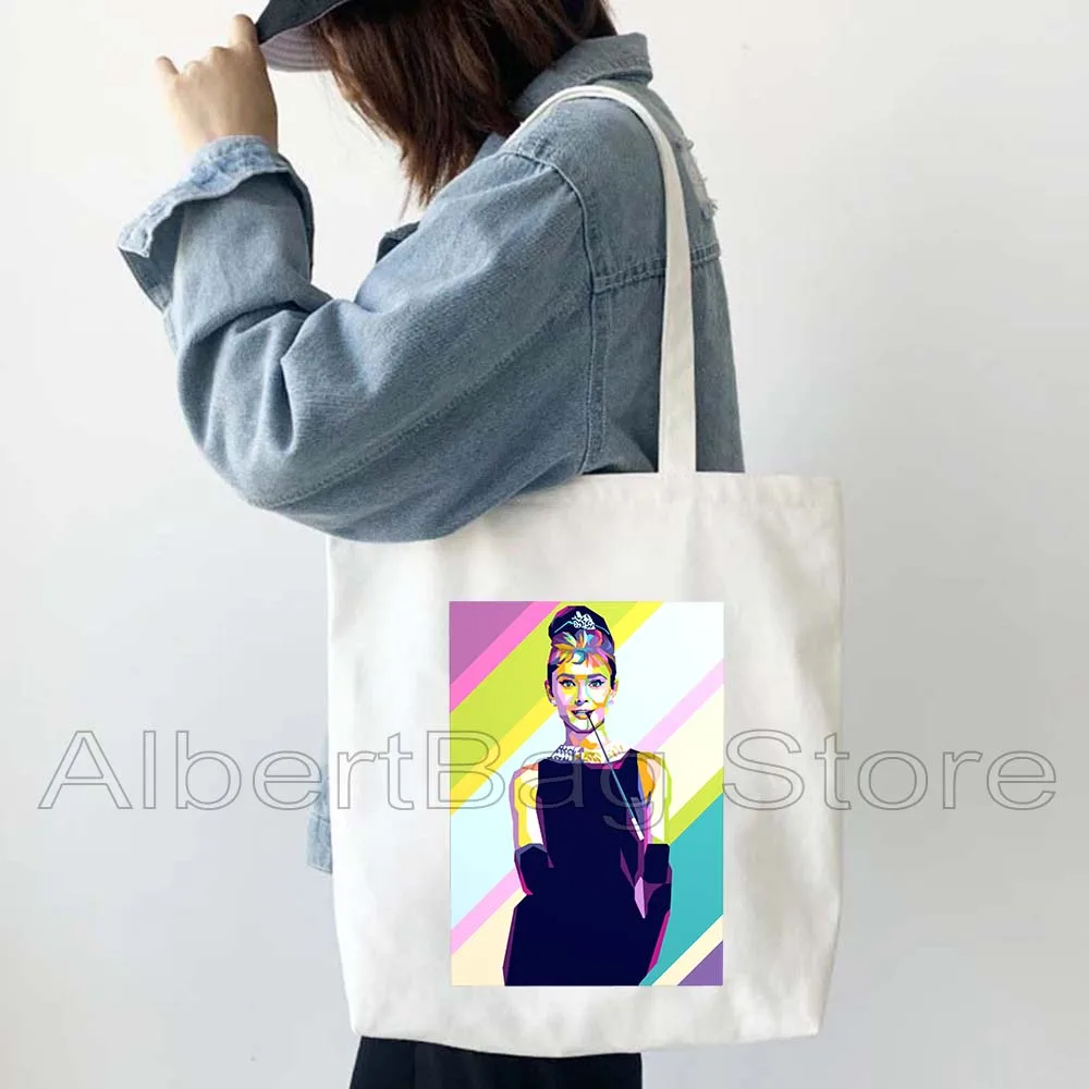 Canvas Tote Bag Shoulder Bag Retro Vintage Audrey Hepburn Pop Art Women Harajuku Handbag Shopper Reusable Foldable