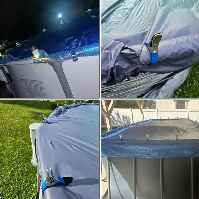 คลิปคลุมสระว่ายน้ำสแตนเลสทนทาน 6 ชิ้นพร้อมที่จับพลาสติกสีน้ำเงิน - คลิปสปริงกันลมสำหรับงานหนักเพื่อความปลอดภัยเหนือ 6