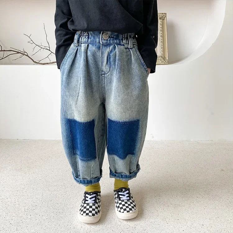 Korean style fashion patchwork jeans Boys fashion loose Sand washing denim pants 1-7Y