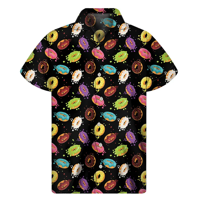 thumbnail image 1 of Camisa con estampado 3D de galletas y donas de chocolate para hombre, camisas hawaianas de verano, blusa hawaiana con solapa de calle, botones, mangas cortas, 1 of 5
