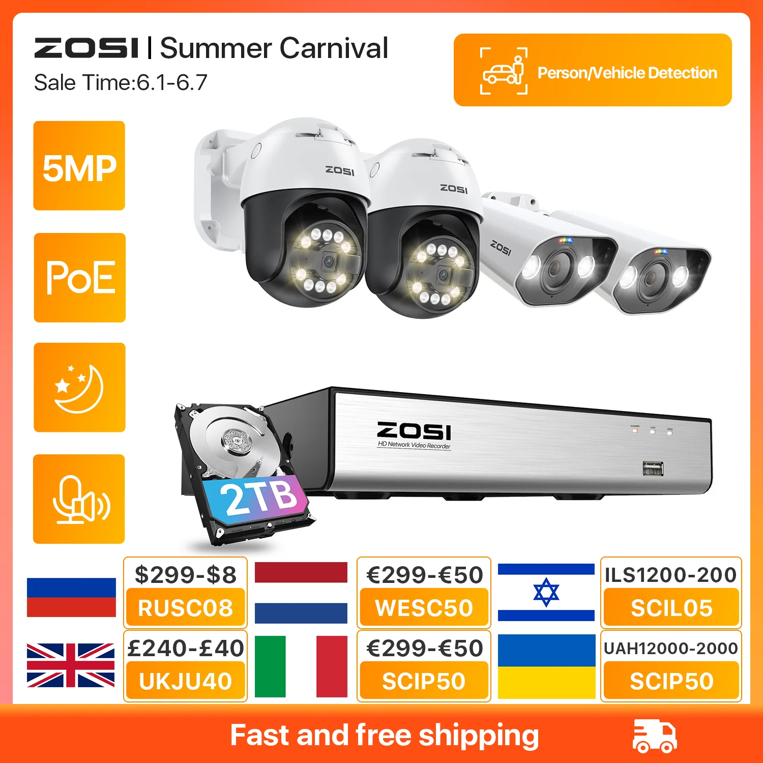 ZOSI 5MP PTZ Video Surveillance Kit AI Face Vehicle Detect 4K 8CH Expand 16CH CCTV NVR 5MP PTZ Bullet PoE Security Camera System