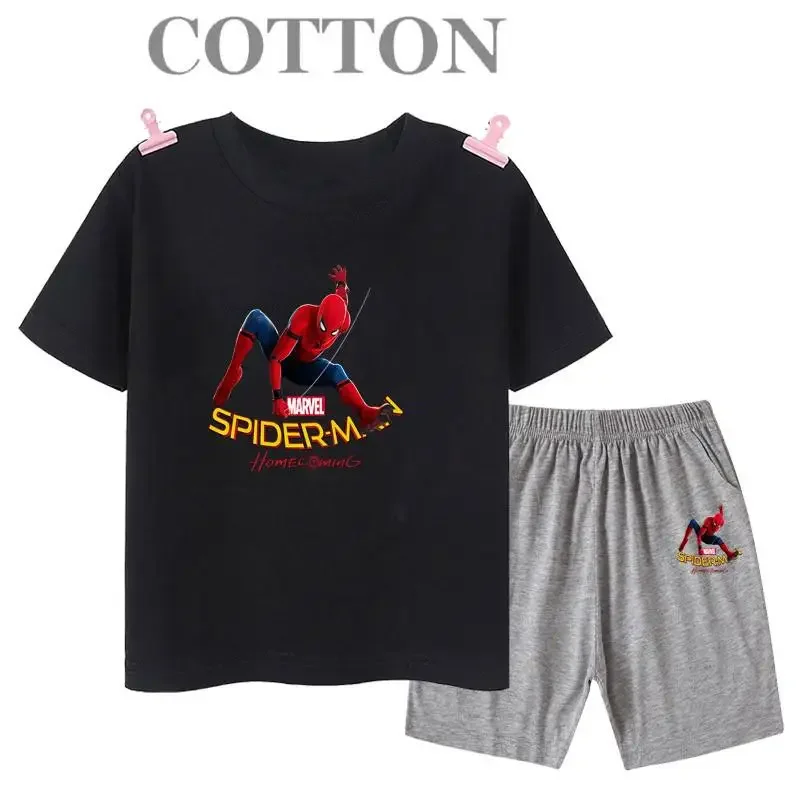 thumbnail image 1 of Conjunto de camiseta y pantalones cortos de algodón para niños de Marvel Spider Man de verano, ropa de dibujos animados para niños, conjunto de dos piezas de manga corta, conjunto para niñas y niños, 1 of 5