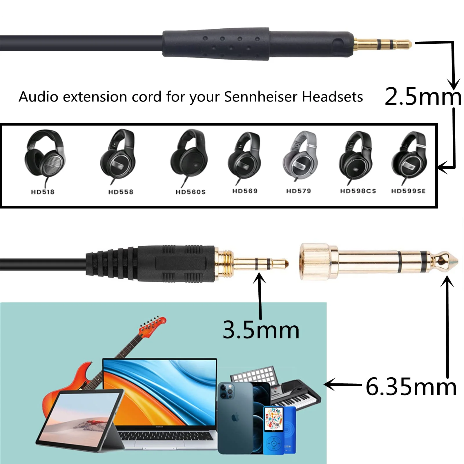 Sennheiser HD6 Mix HD7 HD8 DJ 헤드폰용 OFC 교체 스프링 코일 6.35mm Aux 케이블 연장 코드