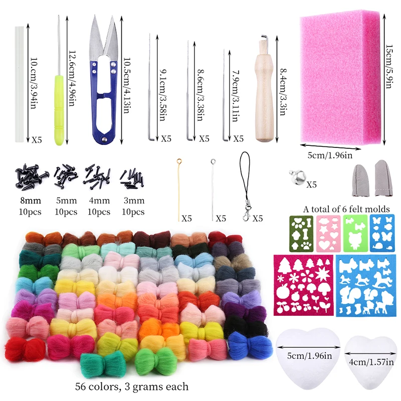 Needle Felting Kit KRABALL Felting Needle Kit 56 Colors Wool Roving with Eyes For Toy DIY Craft Wool Fibre Needle Felting Starter Handcraft Kit