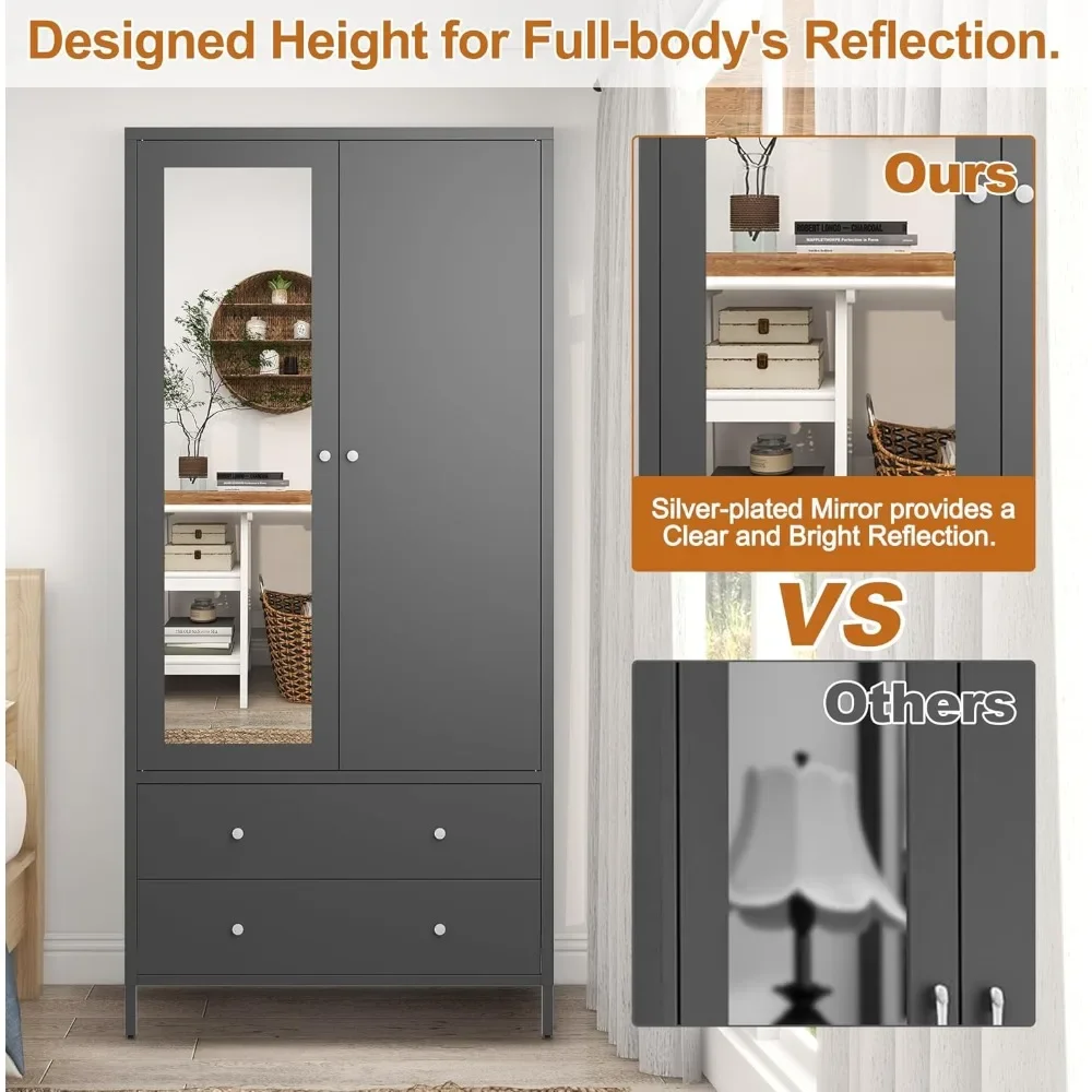 Metal Armoire Wardrobe Closet with 2 Drawers, Mirror Door and Hanging Rod, Metal Clothing Storage Cabinet, Wardrobes 2