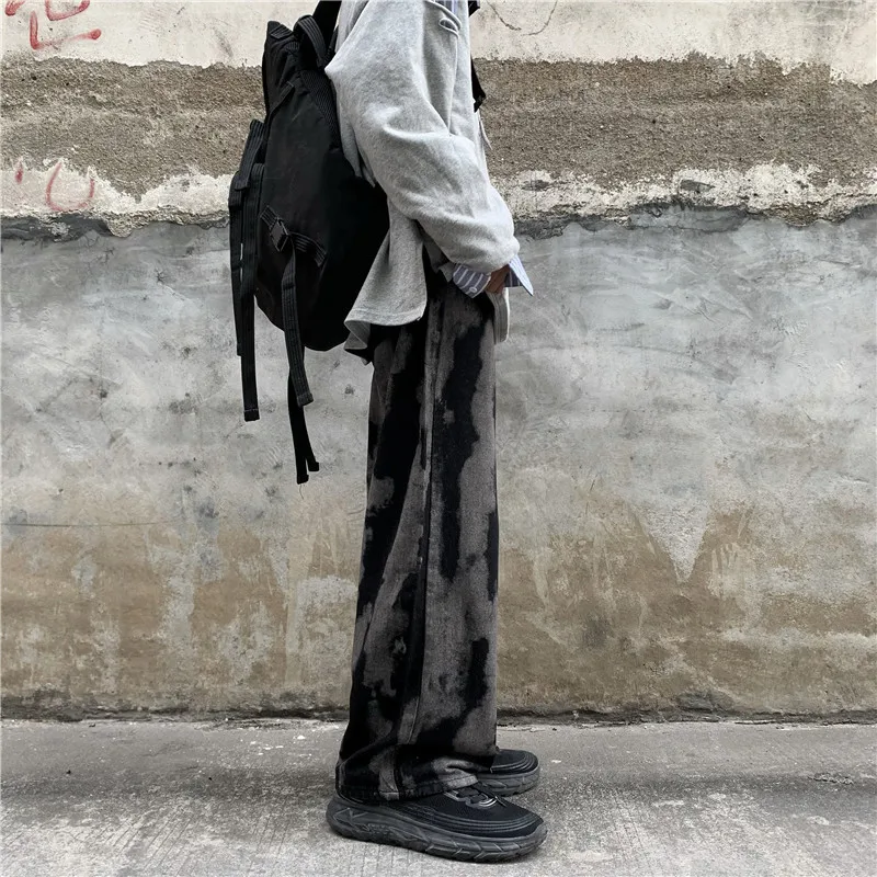 ICCLEK High Street Distressed Jeans Washed Tie-Dye Jeans Black Jeans Men's Loose Straight Retro Long Pants Men Jeans
