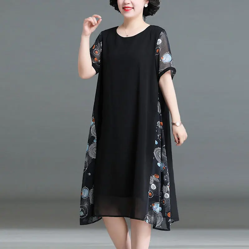 

Stylish Printed Patchwork Dresses Casual O-Neck Summer Short Sleeve Women's Clothing Loose A-Line Stylish Irregular Midi Dress