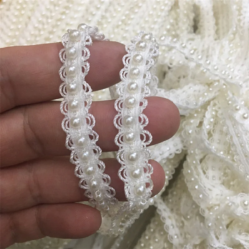 Pearl Lace Edge Trim Ribbon Braided Lace Trimmings Beads Edging Fabric Embroidered Applique Sewing DIY Craft Clothes Decor 1Yard