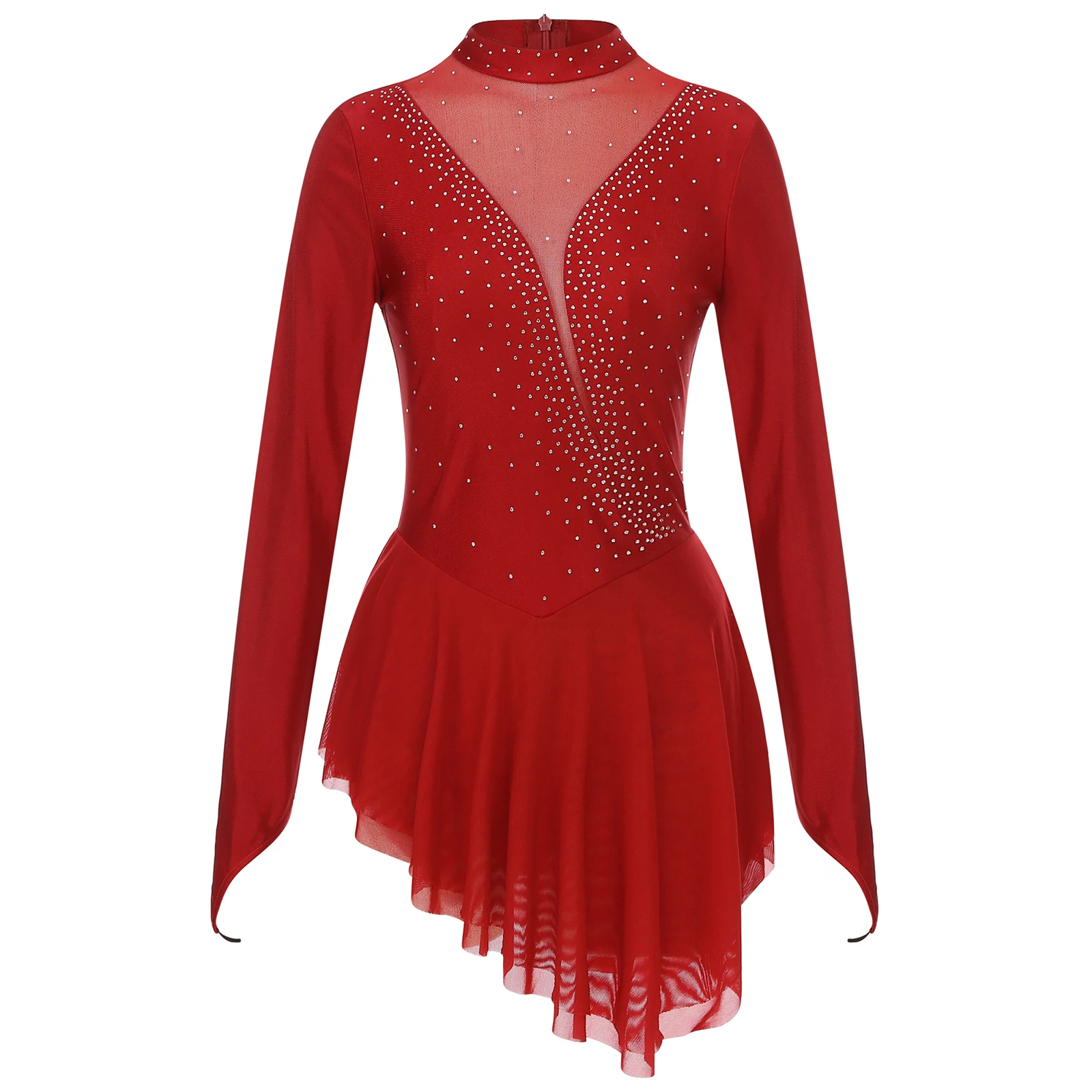 thumbnail image 1 of Traje de baile de patinaje artístico para mujer, vestido de baile con tutú de bailarina con cuello simulado, vestido de baile lírico de manga larga con diamantes de imitación brillantes, 1 of 5