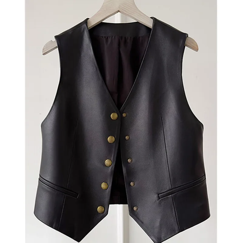 

2024 New Spring Autumn Faux Leather Vests Woman Single Button Motorcycle Biker Pu Jackets Female All Match PU Waistcoat Outwear