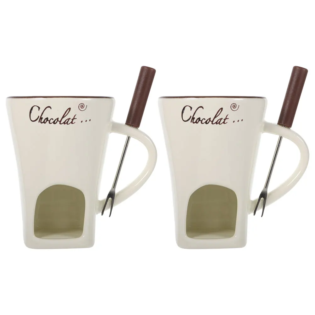 2 sets of Ceramic Melting Pot Cheese Melting Furnace Fondue Warmer with Fork Chocolate Cheese Mug Fondue