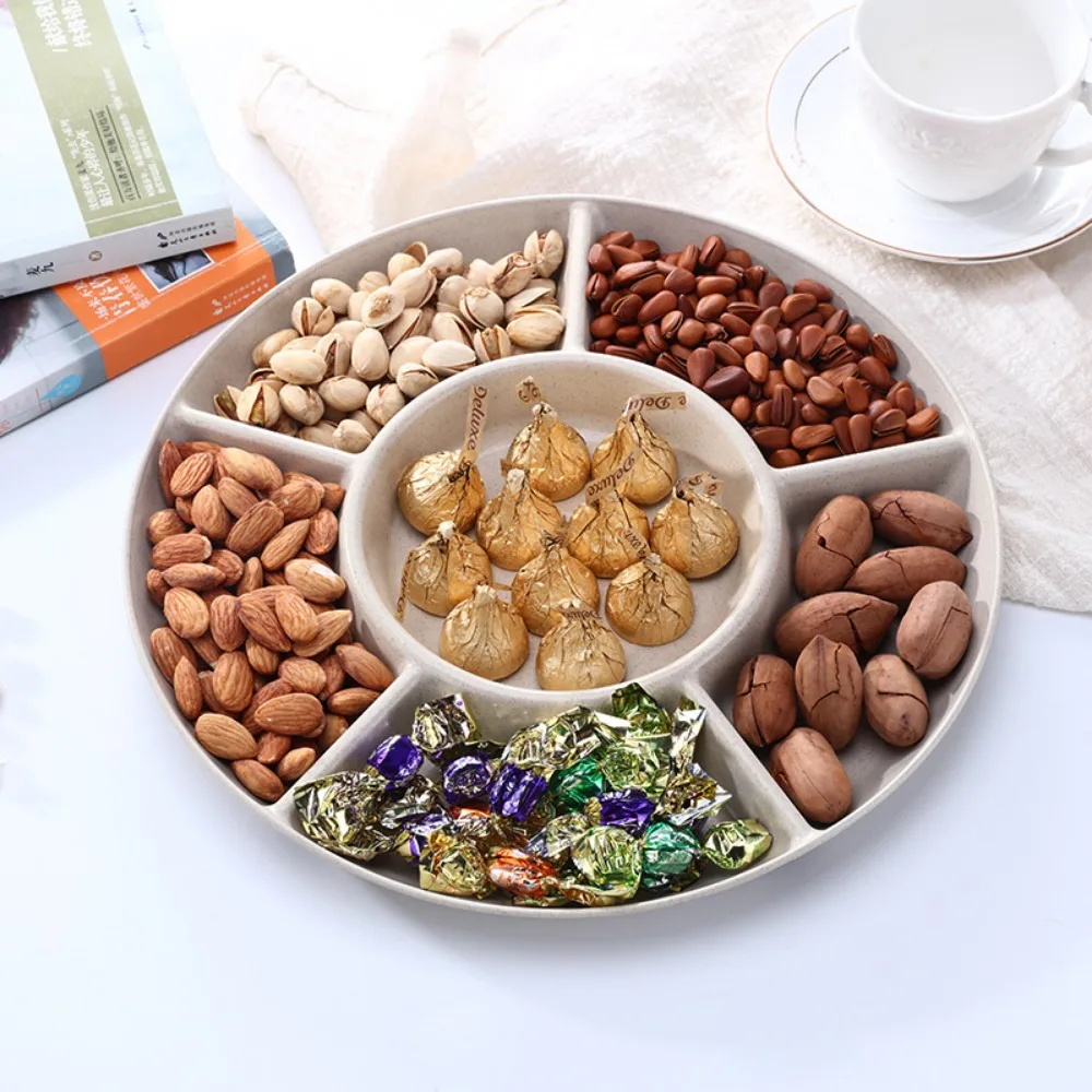 Storage Tray Kitchen Tray Wooden Serving Tray Bamboo Organizer Tray Jewelry Storage Tray 1Pc Food Storage Tray Candy Tray Nut Snack Fruit Round Divider Appetizer Serving Platter for Party Table Storage