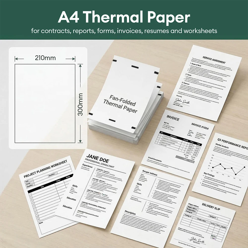 20/100/200 시트 A4 감열지 210mm 접이식 용지 A4 휴대용 감열 프린터용 사진 PDF용 다목적 인쇄 용지