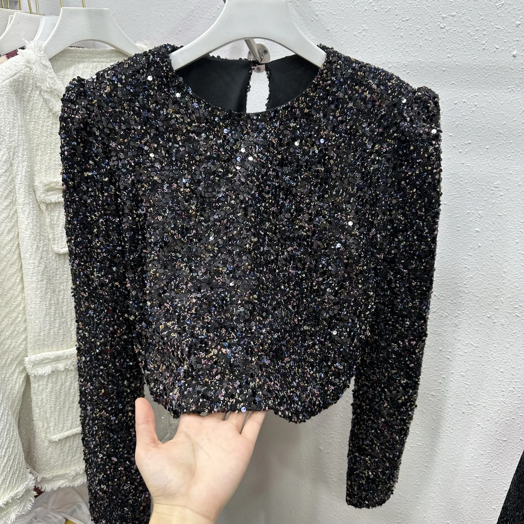 

Luxury Blingbling Sequins Crop Short Shirts and Blouses For Women's Spring 2024 Long Sleeved Sparking Top blusas para mujer