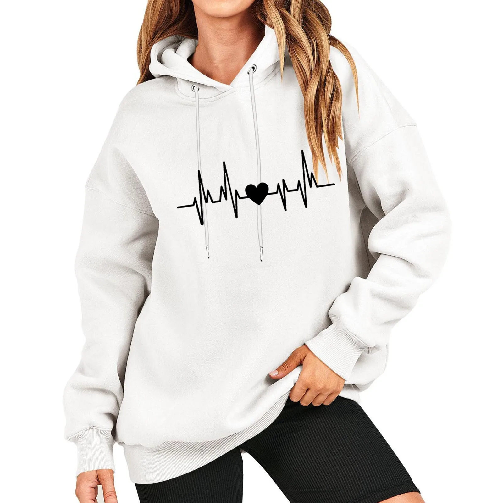 

Women'S Leisure Radio Wave Love Printing Sweatshirt Valentine'S Day Pocketless Drawstring Hooded Pullover Fashion Sweater