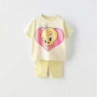Cute Print Tees Solid Color Shorts Yellow Outfits 2025 Summer Clothing Print TShirt +Shorts Kids New Design Short Sleeve Suits 1