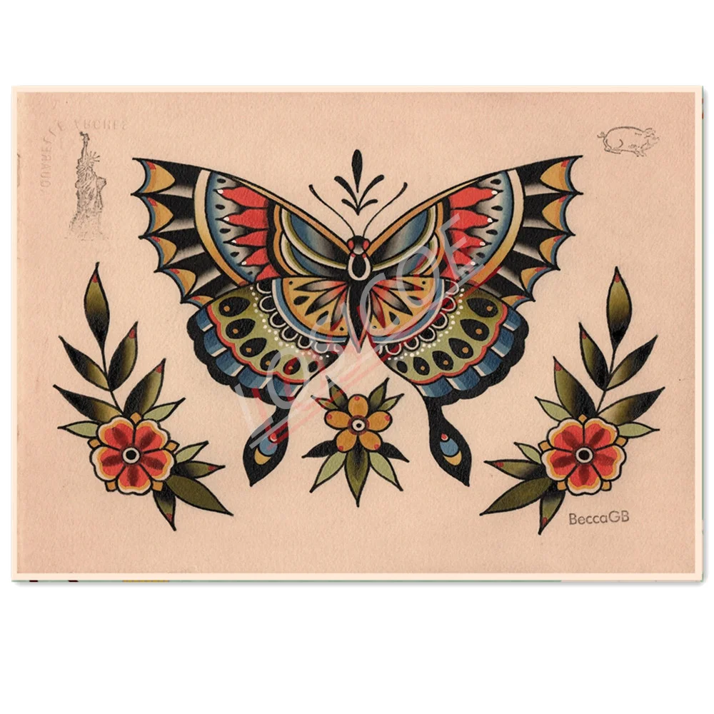 

Традиционный художественный плакат с татуировками и принтами бабочек, Настенная роспись, винтажная крафт-бумага, живопись, настенные наклейки, декор для бара, кафе, дома