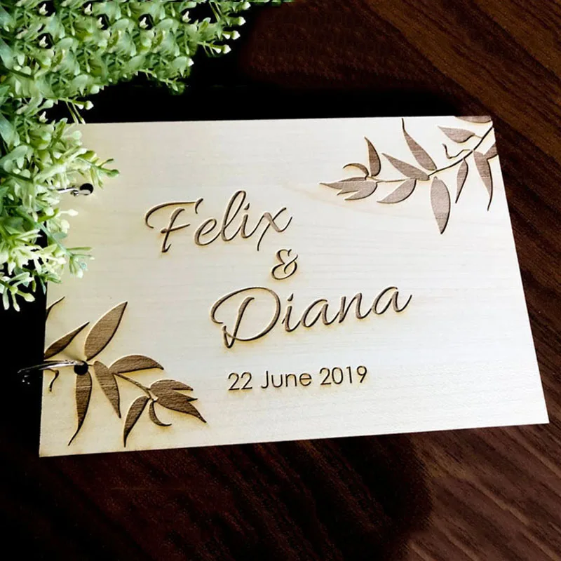 Personalised Engraved Leaf Design Wedding Guest Book Wooden Engagement Guest Book Bridal Favor Gift message book