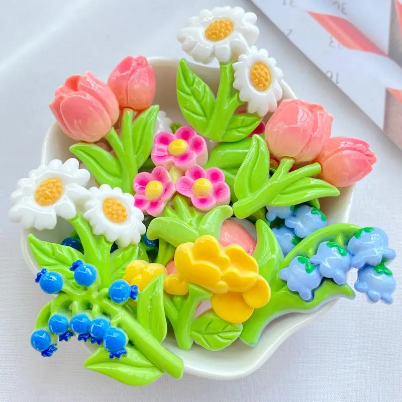10Pcs New Cute Resin Cartoon Beautiful Bouquet Flowers Series Flat Back Manicure Parts Embellishments For Hair Bows Accessories