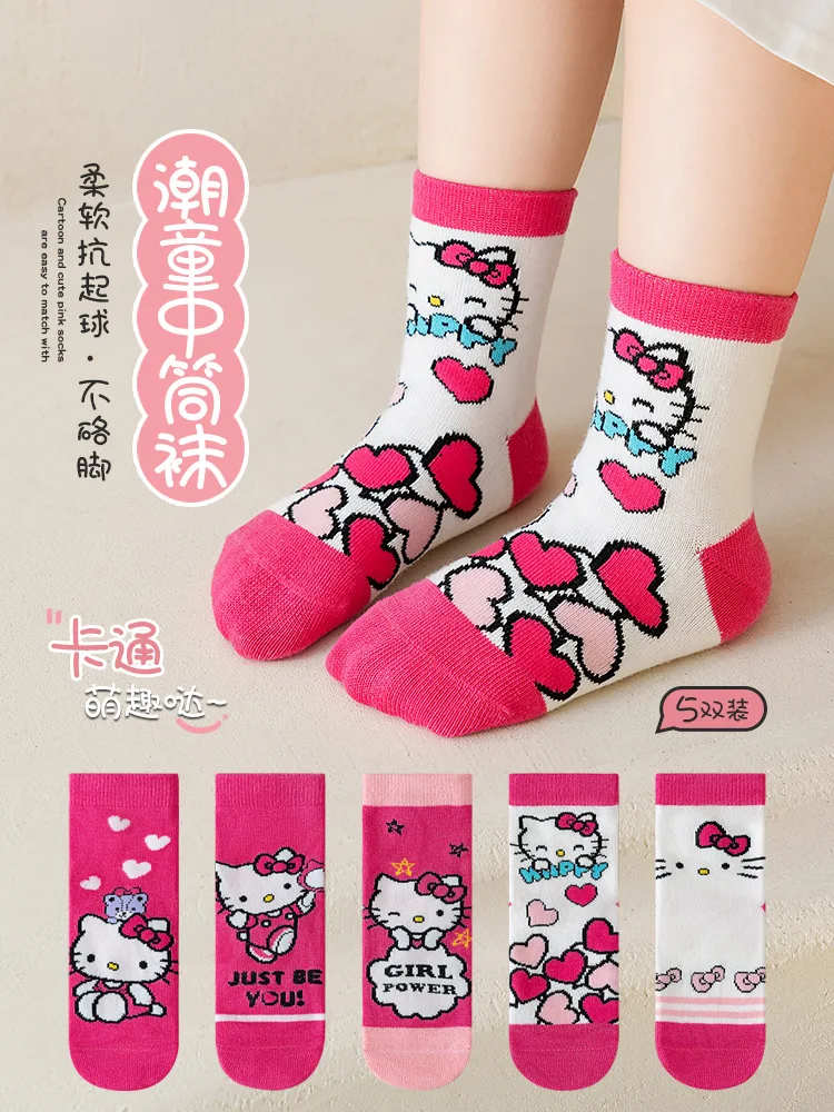 5 Pairs Hello Kitty Kids Socks Kawaii New Summer Cartoon 1-12 Years Old Children Mid-calf Cotton Sock for Girls and Boys Gifts 2