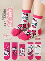 5 Pairs Hello Kitty Kids Socks Kawaii New Summer Cartoon 1-12 Years Old Children Mid-calf Cotton Sock for Girls and Boys Gifts 2