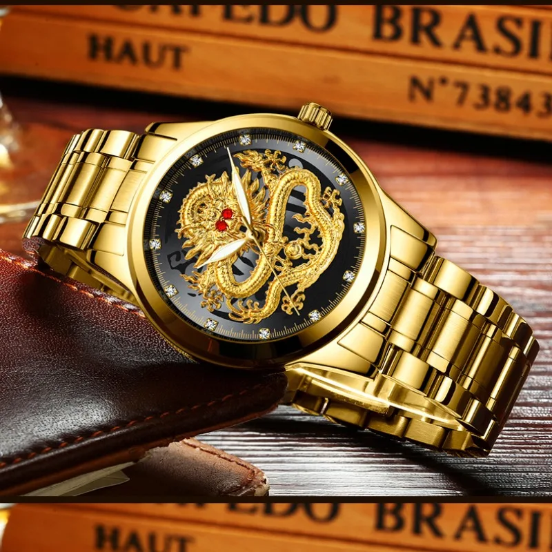 Men's Watch Steel Belt Luminous Diamond Inlaid Relief Golden Dragon Ruby Dragon Face Quartz Watch
