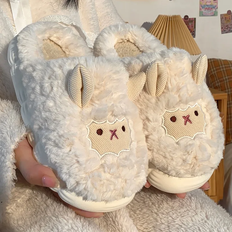 Winter Cartoon Sheep Plush Slippers For Women Men Warm Soft Fluffy Fur Slides Adults Cute Indoor Home Sandal Couple Cotton Shoes 2