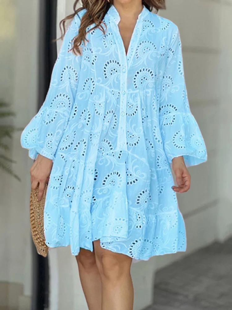 

Hollow Out V Neck Women Patchwork Button Dress 2023 Beach Female Loose Casual Mini Dress Streetwear Solid Ruffles Dress Vestidos