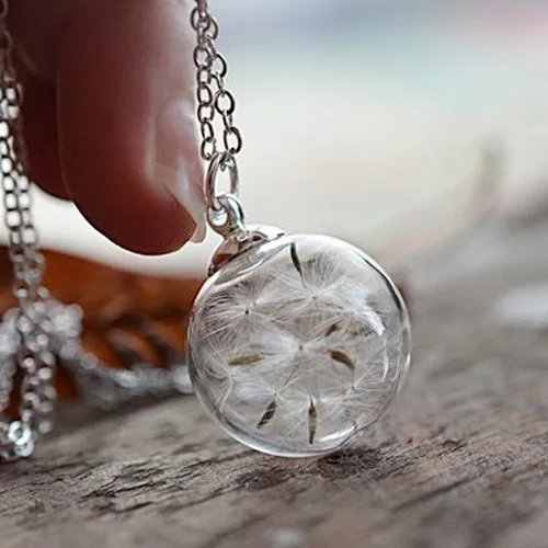 Round Orb Dandelion Dried Flower Pendant Necklace Charm Natural Dandelion Glass Ball Transparent Lucky Wish Glass Vial Jewelry